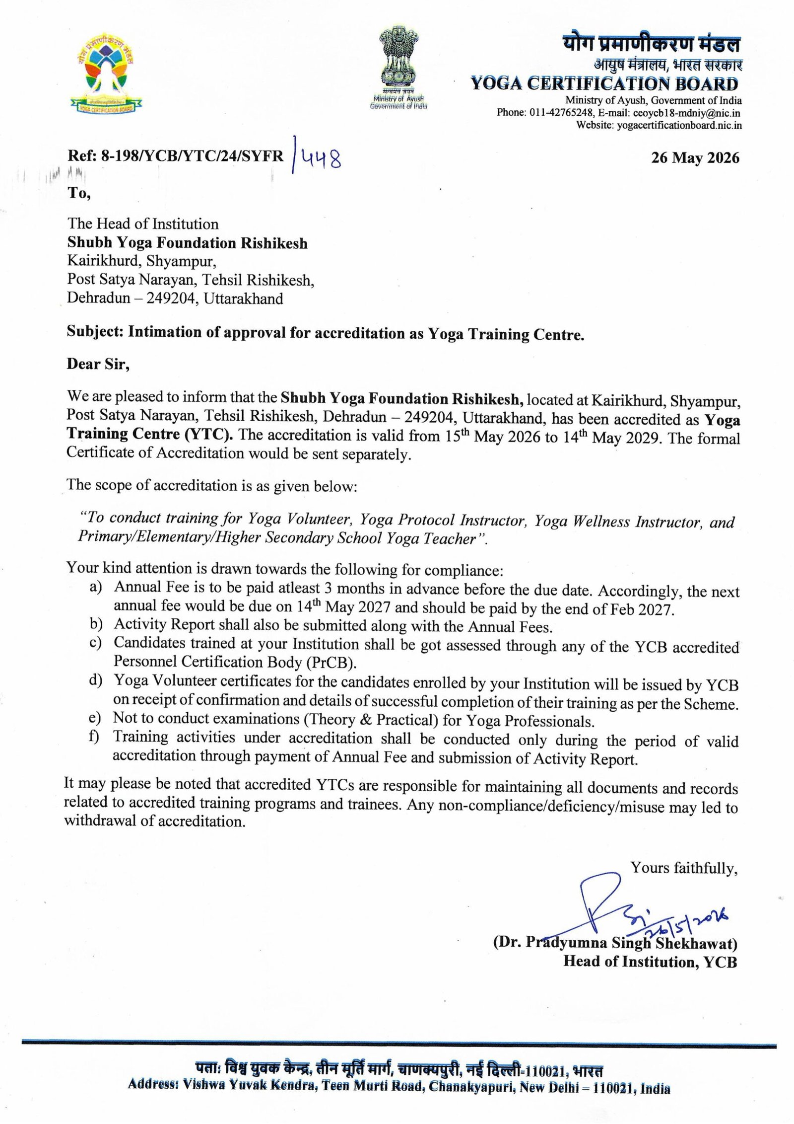 Shubh Yoga Foundation Letter for Intitmation of YCB accreditation