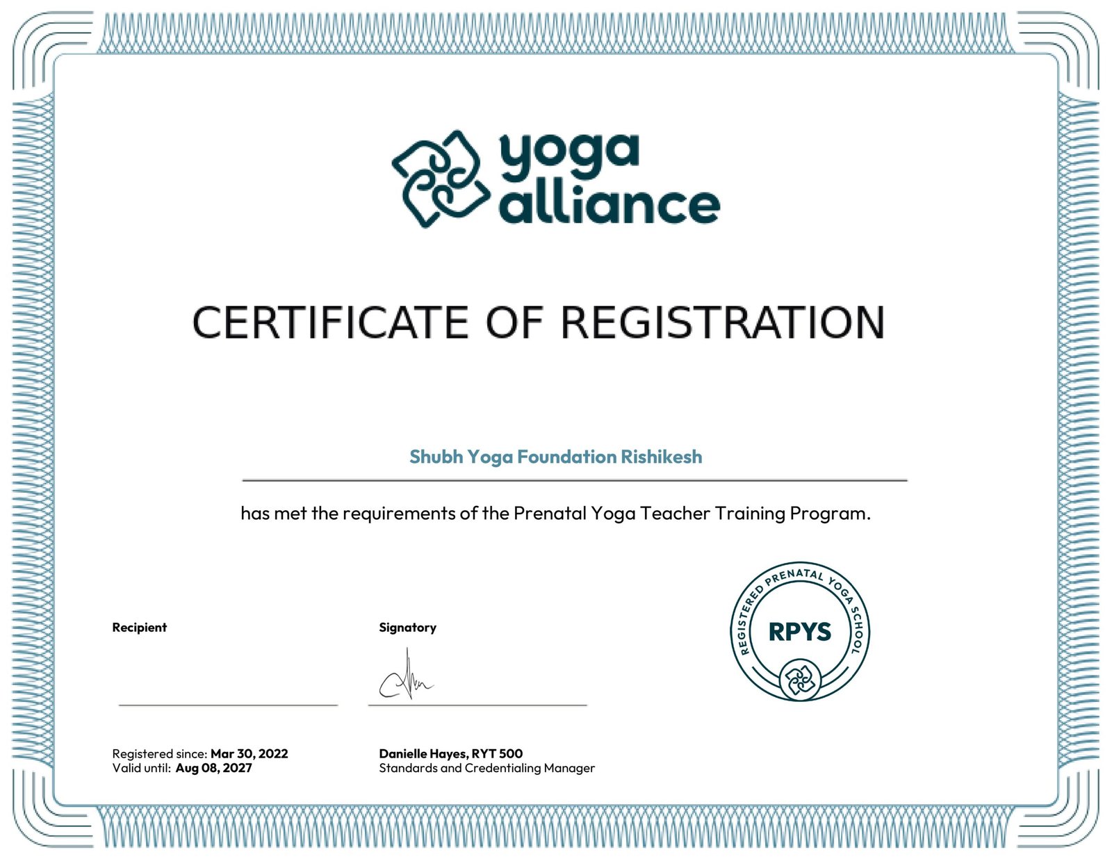 Shubh Yoga Foundation Rishikesh - RPYS Certificate