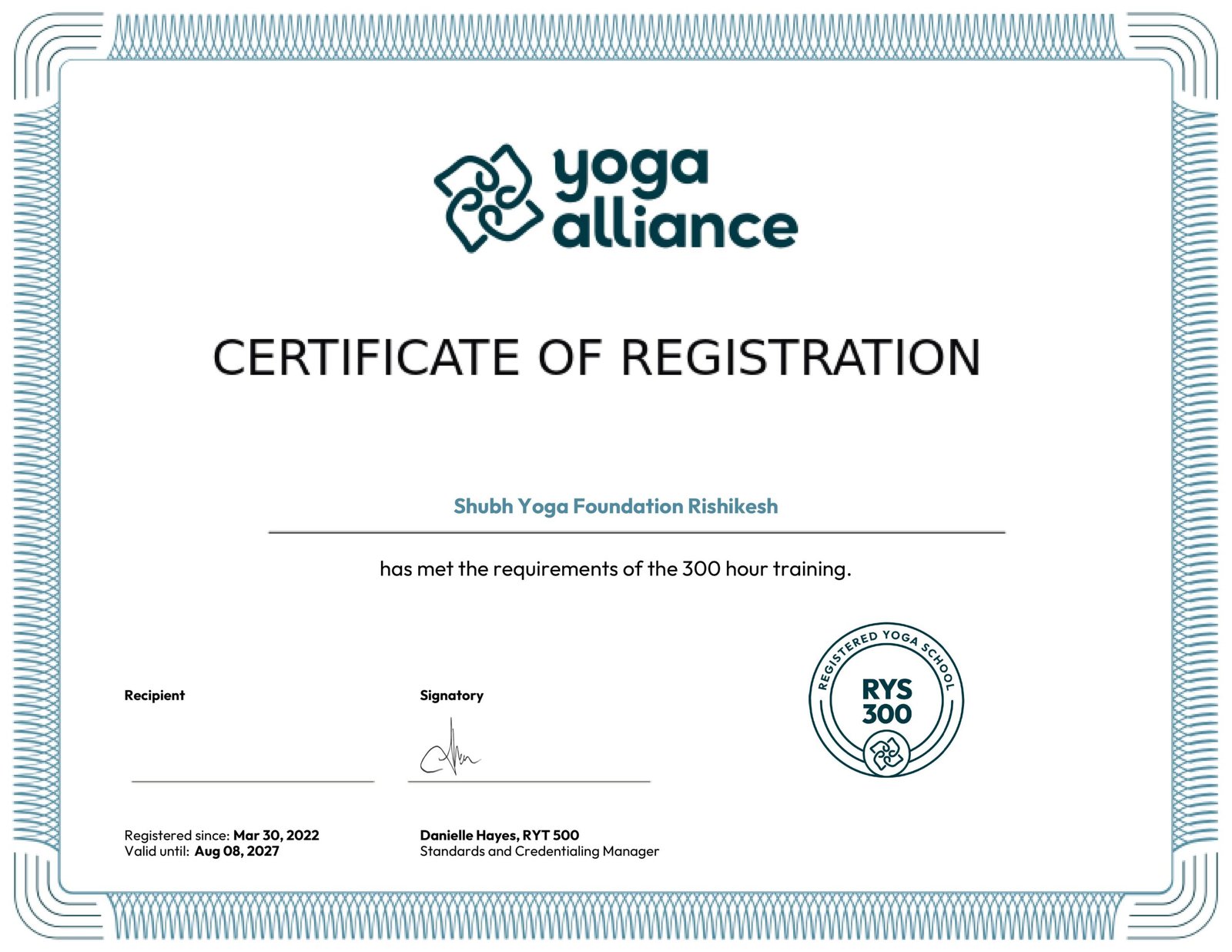 Shubh Yoga Foundation Rishikesh - RYS 300 Certificate