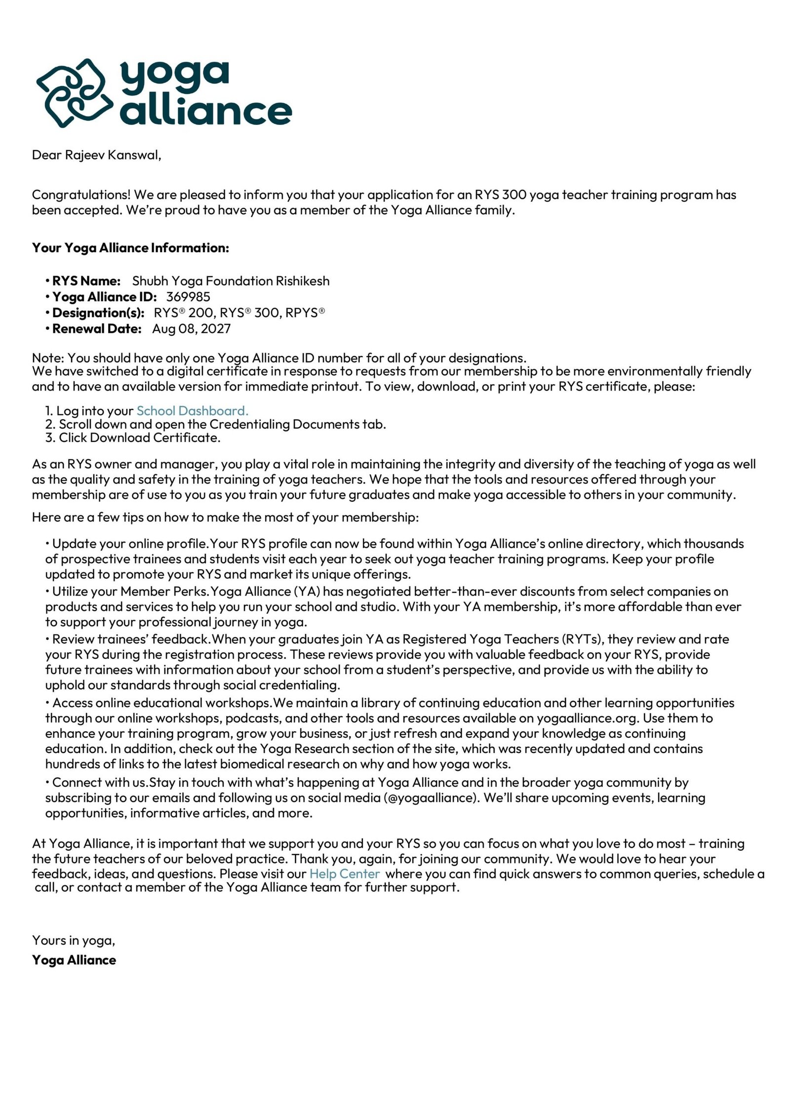 Shubh Yoga Foundation Rishikesh - RYS 300 Welcome Letter